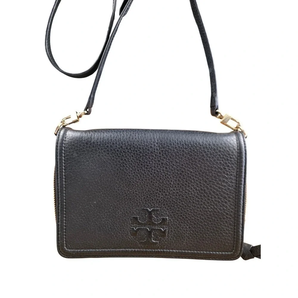 Tory Burch Thea Crossbody Wallet Bag Black Pebbled Leather Gold Hardware